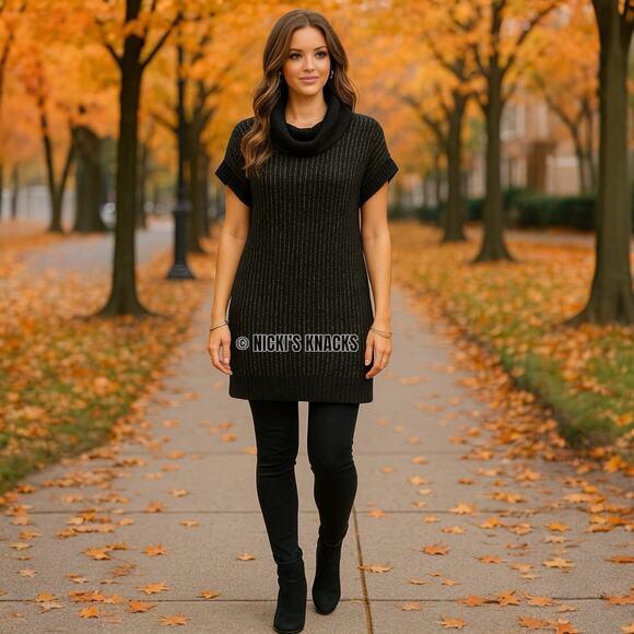 Nine West Lurex Sweater Dress Y2K Black Gold Cowl Neck Sparkle Party Mini Size S - Picture 10 of 11